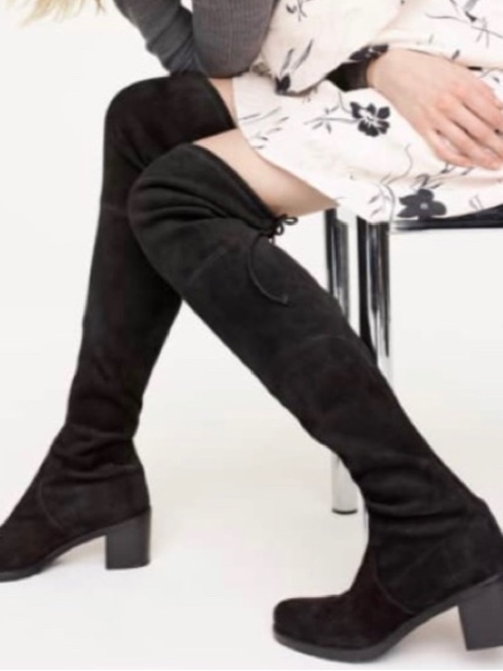 Stuart Weitzman Elevated Black Suede Over-the-Knee Block Heel Boots with Tie